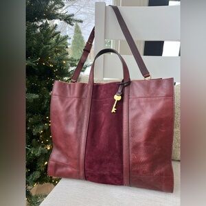 Fossil Carmen Leather Suede Panel Tote | Oxblood Burgundy Large